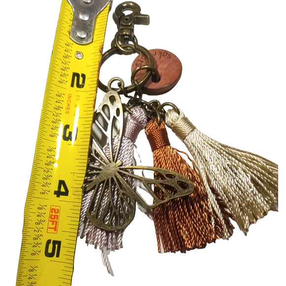 Sakroot Keychain Purse Clip Butterfly Tassels Brown Rust Cream - Picture 6 of 6